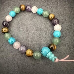 Multicolor Gemstone Beaded Bracelet Womens 7 Inch Healing Boho Tie Cord Yoga
